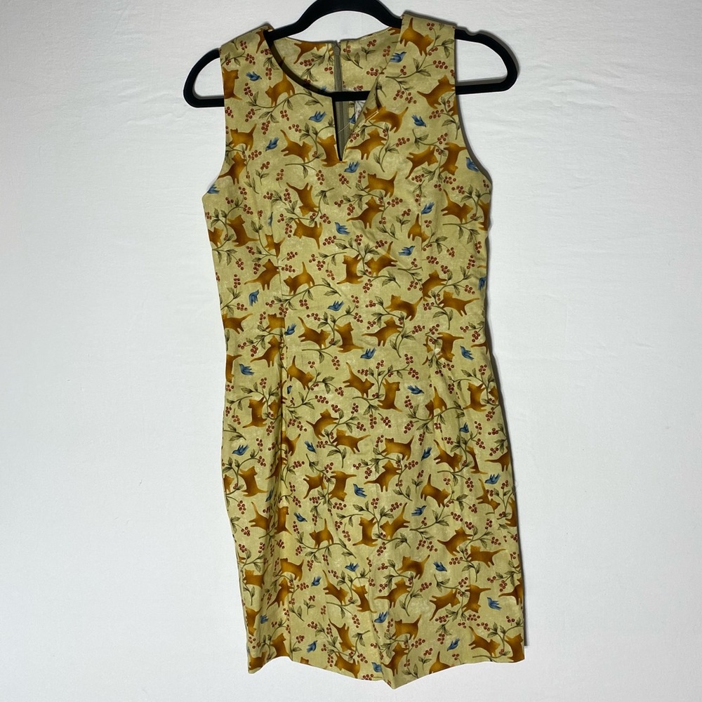 Vintage Handmade Yellow Brown Cat Print Sleeveless Mini Dress L